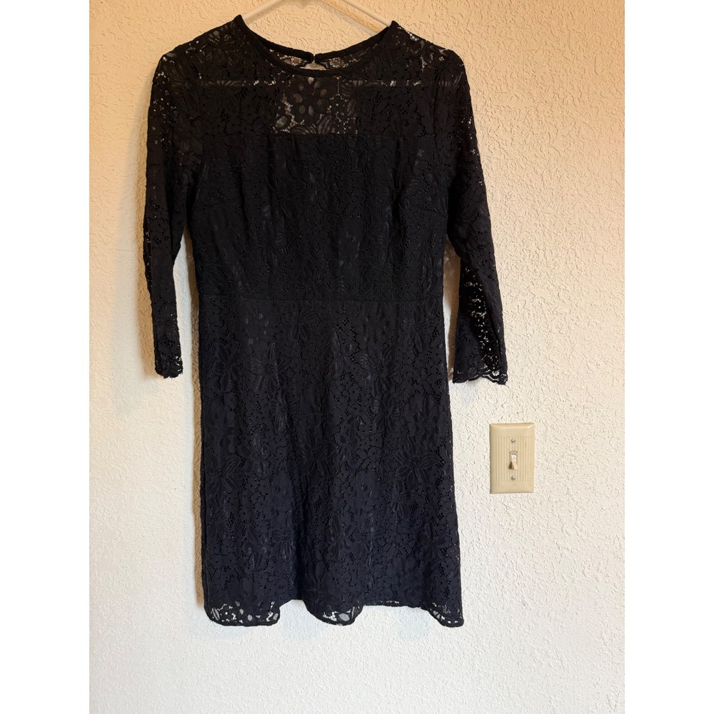 LOFT‎ Petites Black Floral Lace 3/4 Sleeve Cutout Back Sheath Dress 2P